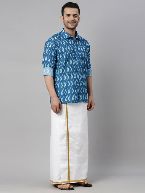 Vastramay Men's Torquoise Blue Ikkat Print Shirt And Mundu Set