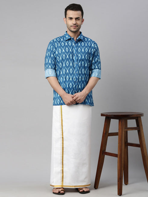 Vastramay Men's Torquoise Blue Ikkat Print Shirt And Mundu Set