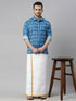 Vastramay Men's Torquoise Blue Ikkat Print Shirt And Mundu Set