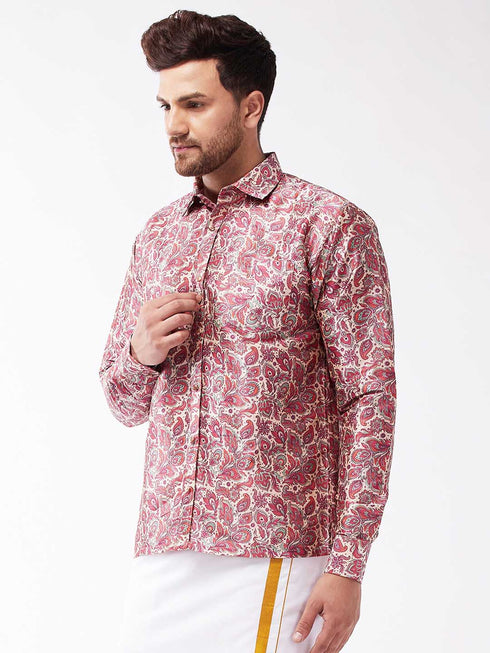 Vastramay Men's Multicolour-Base-Pink Silk Blend Ethnic Shirt