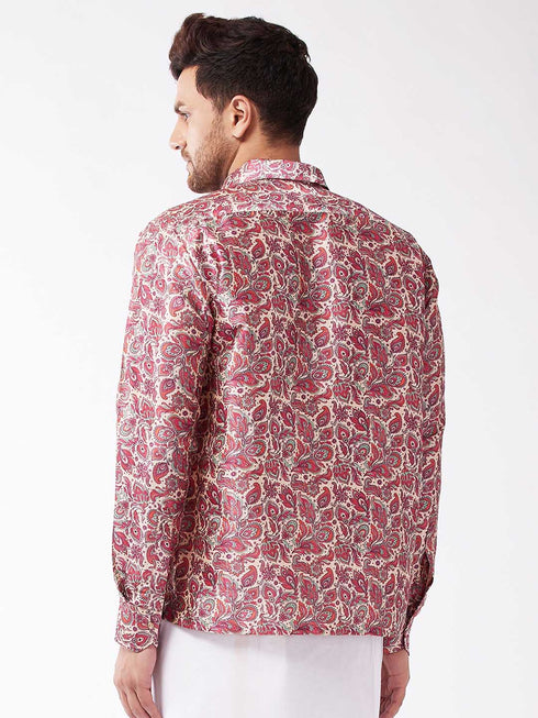Vastramay Men's Multicolour-Base-Pink Silk Blend Ethnic Shirt