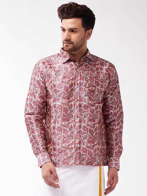 Vastramay Men's Multicolour-Base-Pink Silk Blend Ethnic Shirt
