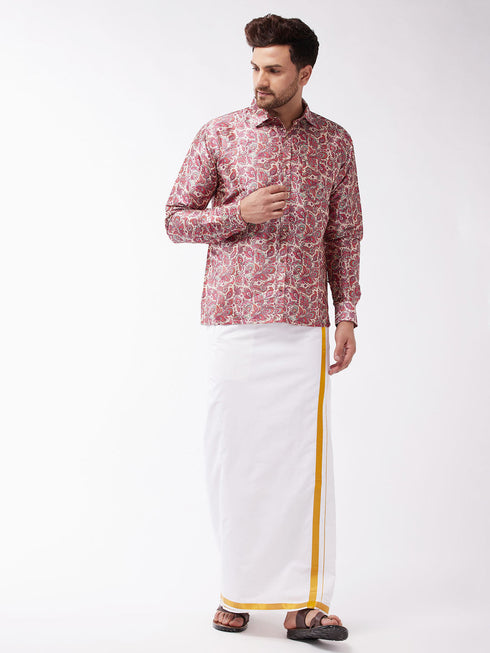 Vastramay Men's Multicolour-Base-Pink And White Silk Blend Shirt And Mundu Set