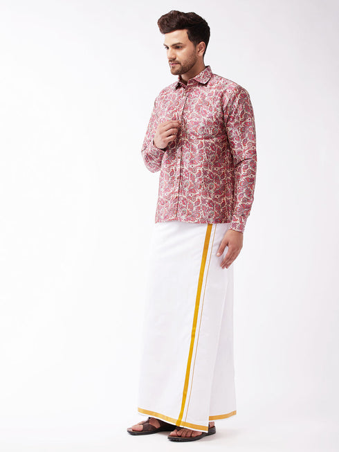 Vastramay Men's Multicolour-Base-Pink And White Silk Blend Shirt And Mundu Set