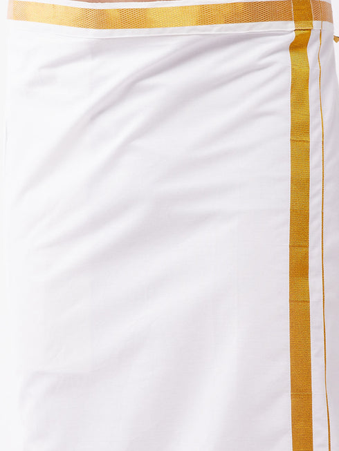 Vastramay Men's Multicolour-Base-Pink And White Silk Blend Shirt And Mundu Set