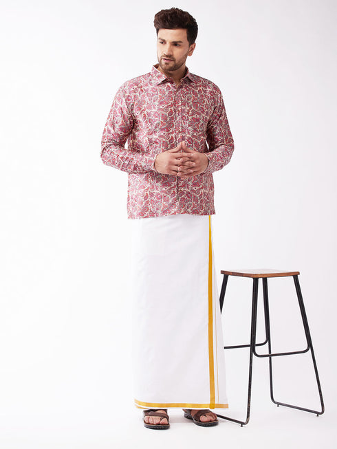 Vastramay Men's Multicolour-Base-Pink And White Silk Blend Shirt And Mundu Set