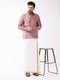 Vastramay Men's Multicolour-Base-Pink And White Silk Blend Shirt And Mundu Set