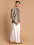 Vastramay Men's Brown Silk Blend Printed Shirt And Mundu Set