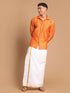 Vastramay Men's Orange Silk Blend Printed Shirt And Mundu Set