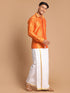 Vastramay Men's Orange Silk Blend Printed Shirt And Mundu Set