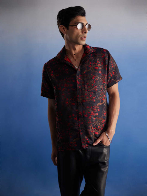 Vastramay Men's Maroon Jacquard Shirt