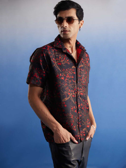 Vastramay Men's Maroon Jacquard Shirt
