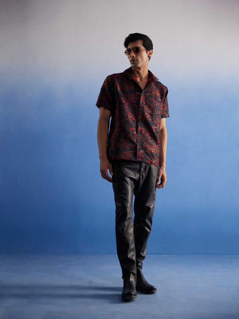 Vastramay Men's Maroon Jacquard Shirt