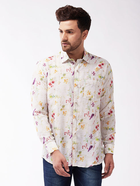 Vastramay Men's Multicolour-Base-Cream Muslin Ethnic Shirtt