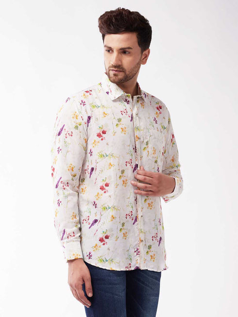 Vastramay Men's Multicolour-Base-Cream Muslin Ethnic Shirtt