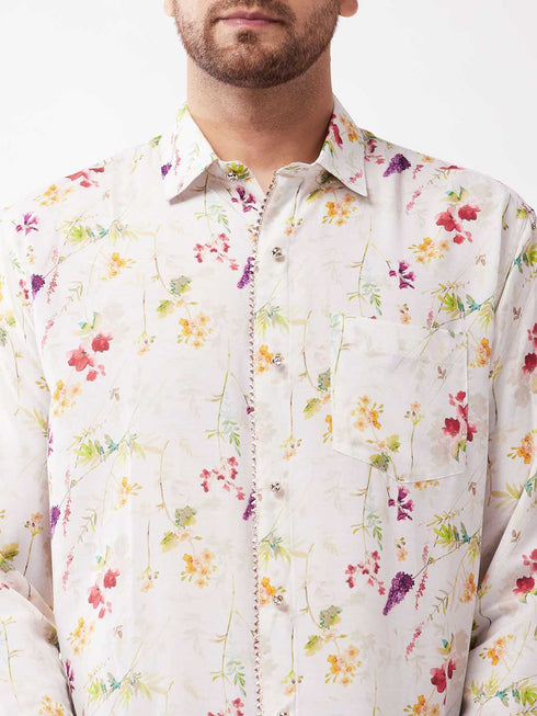 Vastramay Men's Multicolour-Base-Cream Muslin Ethnic Shirtt