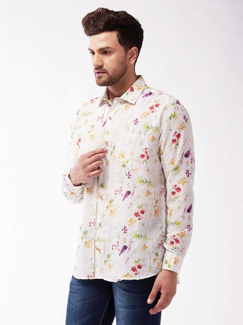 Vastramay Men's Multicolour-Base-Cream Muslin Ethnic Shirtt