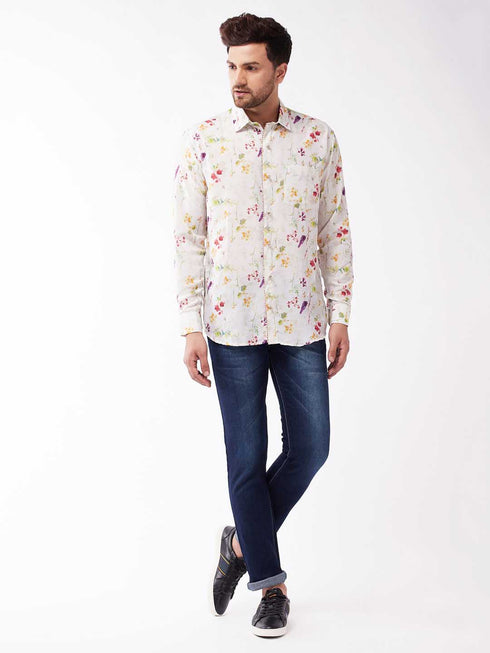 Vastramay Men's Multicolour-Base-Cream Muslin Ethnic Shirtt