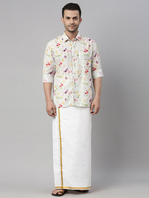 Vastramay Men's Cream Floral Print Shirt And Mundu Set
