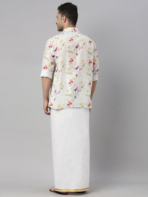 Vastramay Men's Cream Floral Print Shirt And Mundu Set