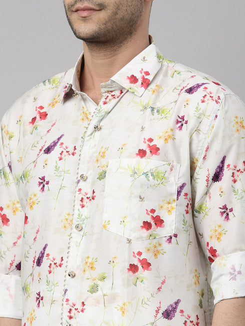 Vastramay Men's Cream Floral Print Shirt And Mundu Set