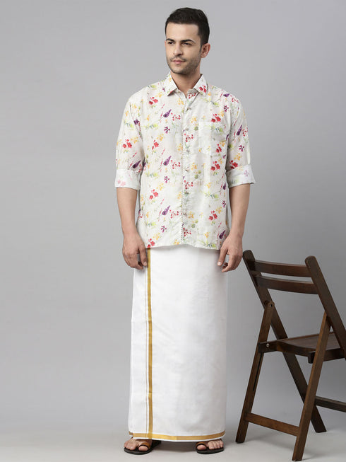 Vastramay Men's Cream Floral Print Shirt And Mundu Set