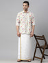 Vastramay Men's Cream Floral Print Shirt And Mundu Set