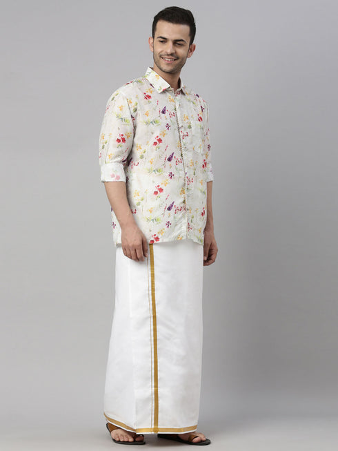 Vastramay Men's Cream Floral Print Shirt And Mundu Set