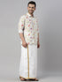 Vastramay Men's Cream Floral Print Shirt And Mundu Set