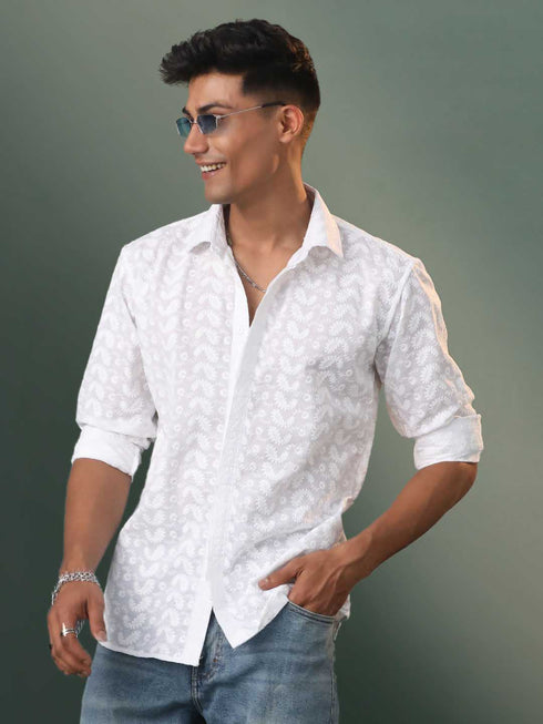 Vastramay Men's White Chikankari Cotton Shirt