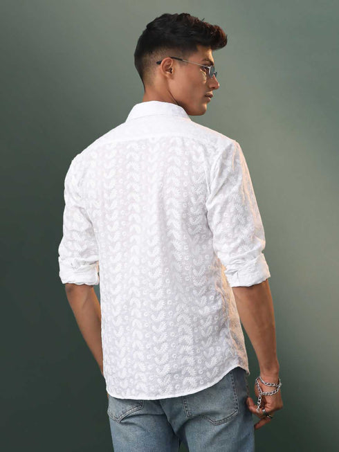 Vastramay Men's White Chikankari Cotton Shirt