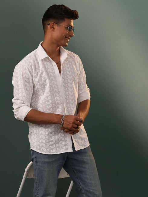 Vastramay Men's White Chikankari Cotton Shirt