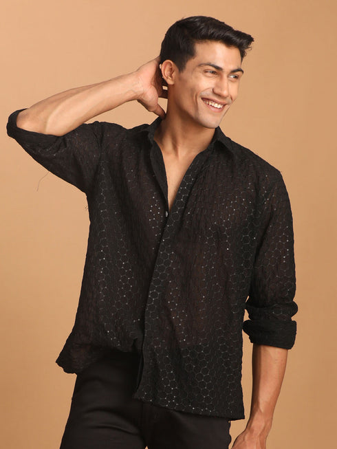 Vastramay Men's Black Fancy Sequined Shirt