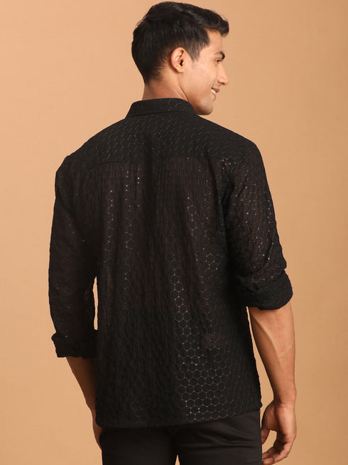 Vastramay Men's Black Fancy Sequined Shirt