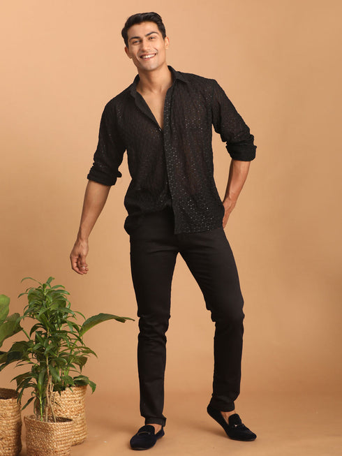 Vastramay Men's Black Fancy Sequined Shirt