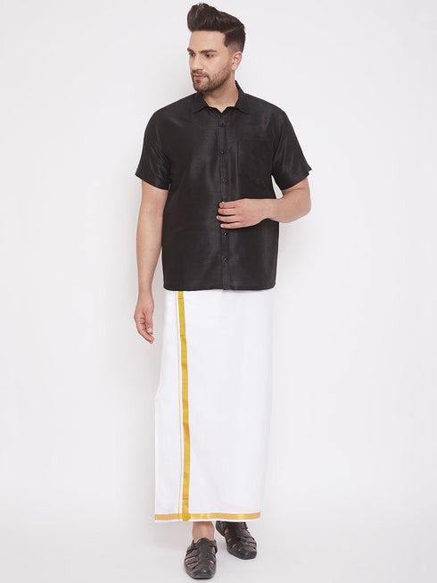 Vastramay Men's Black And White Silk Blend Shirt And Mundu Set