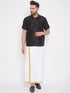 Vastramay Men's Black And White Silk Blend Shirt And Mundu Set