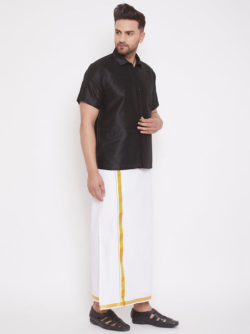 Vastramay Men's Black And White Silk Blend Shirt And Mundu Set