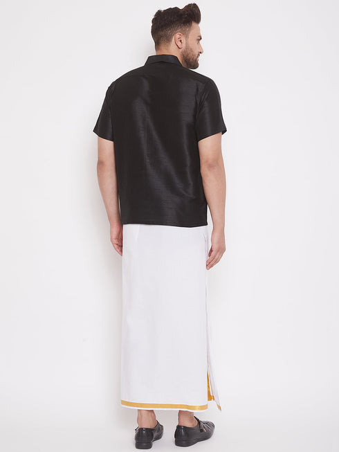 Vastramay Men's Black And White Silk Blend Shirt And Mundu Set