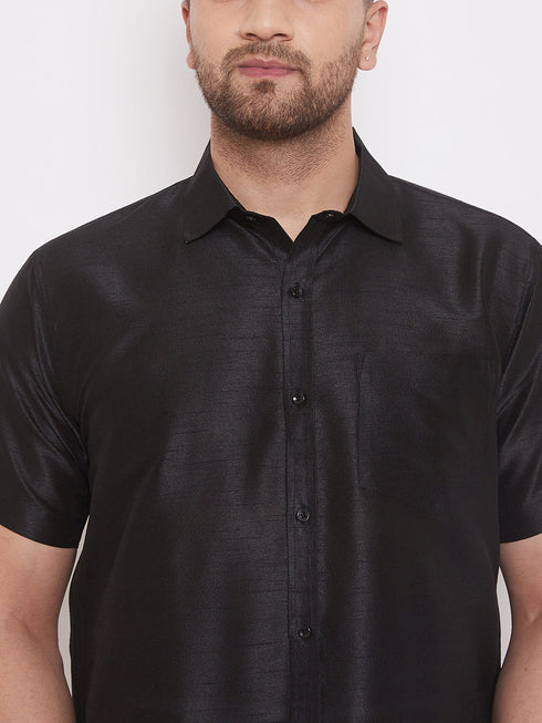 Vastramay Men's Black And White Silk Blend Shirt And Mundu Set