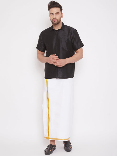 Vastramay Men's Black And White Silk Blend Shirt And Mundu Set