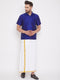 Vastramay Men's Blue And White Silk Blend Shirt And Mundu Set