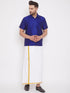 Vastramay Men's Blue And White Silk Blend Shirt And Mundu Set