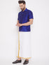 Vastramay Men's Blue And White Silk Blend Shirt And Mundu Set