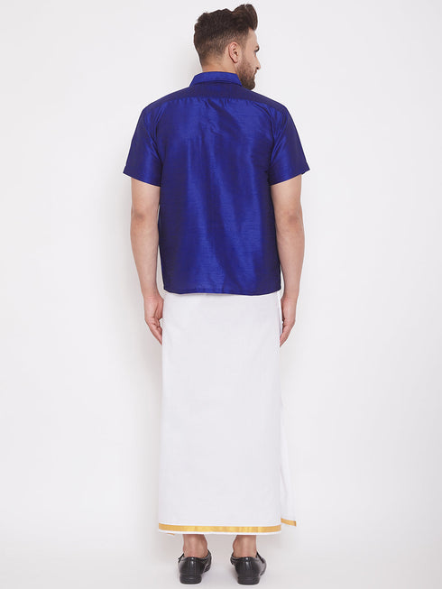 Vastramay Men's Blue And White Silk Blend Shirt And Mundu Set