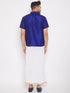 Vastramay Men's Blue And White Silk Blend Shirt And Mundu Set
