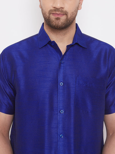 Vastramay Men's Blue And White Silk Blend Shirt And Mundu Set