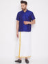 Vastramay Men's Blue And White Silk Blend Shirt And Mundu Set