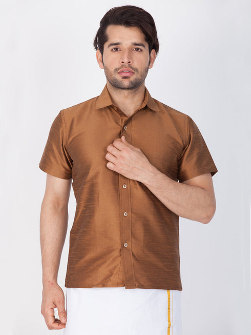 Vastramay Men's Brown Silk Blend Ethnic Shirt