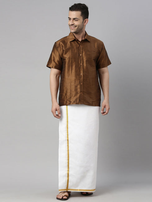 Vastramay Men's Coffee Solid Ethnic Shirt And Mundu Set